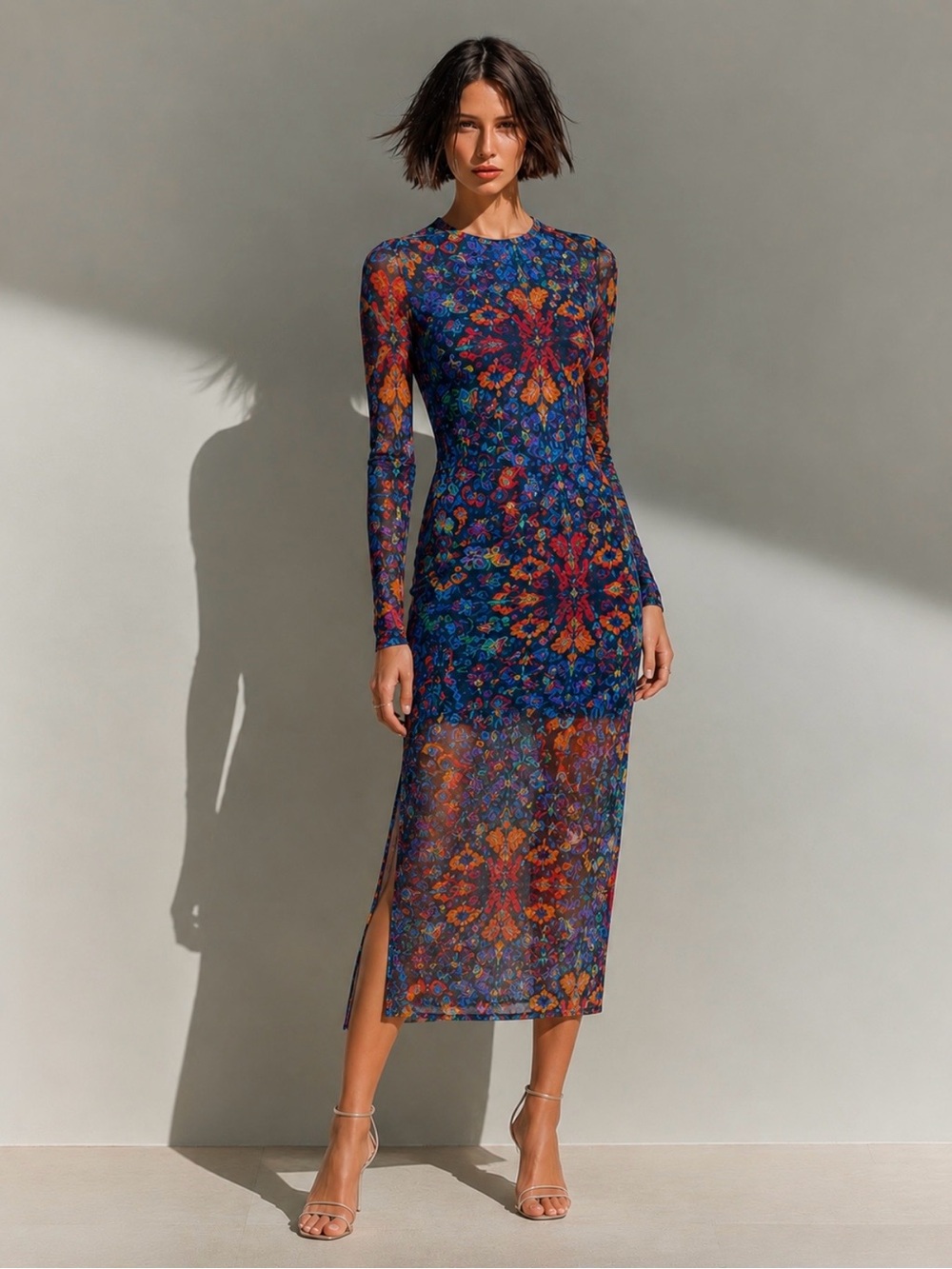 New🌺$248 Johnny Was Tulus Mesh Midi Dress Long Sleeve Floral NWT XS/S